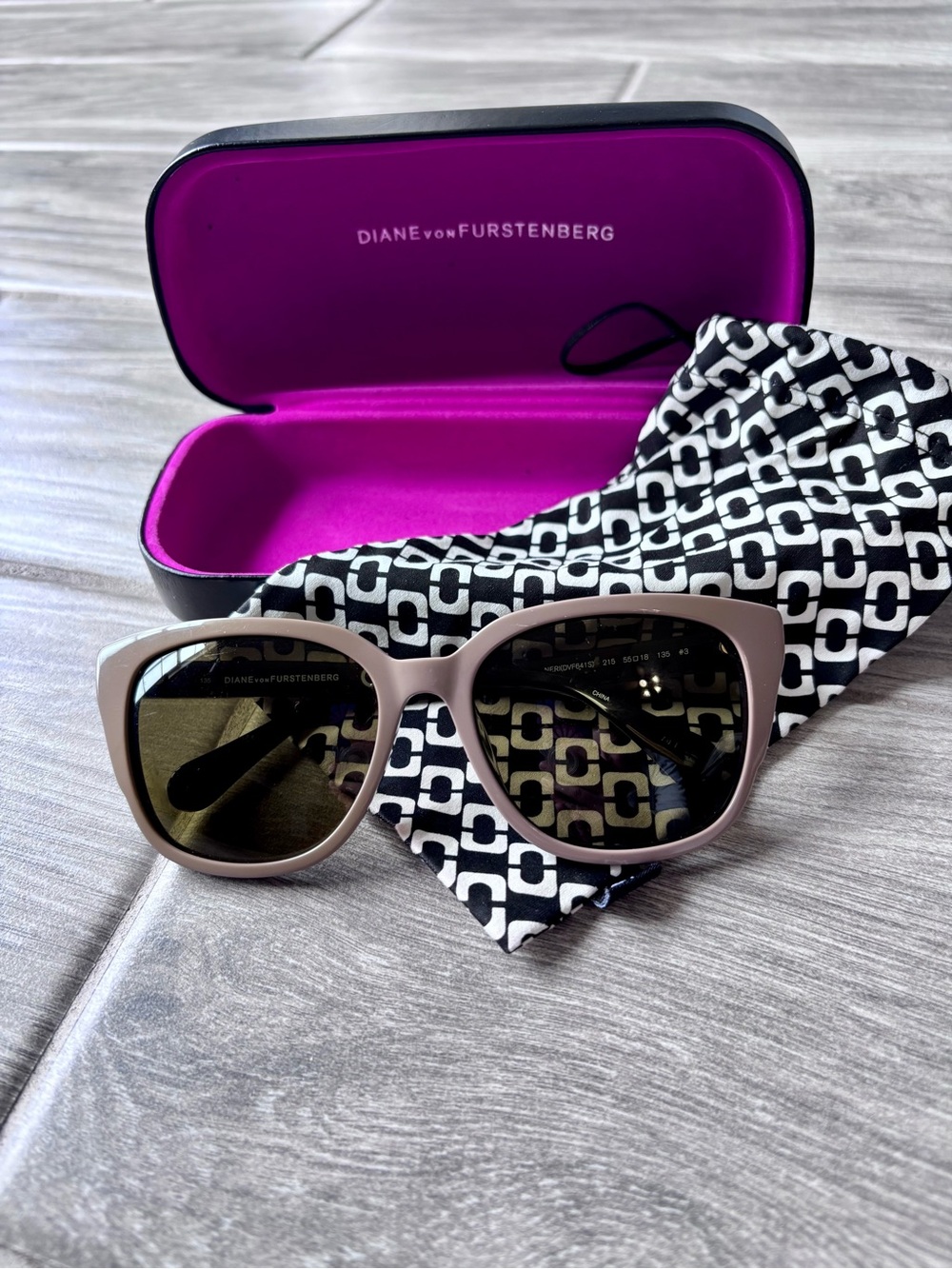 Diane Von Furstenberg Taupe Frame Sunglasses with Black Patterned Pouch